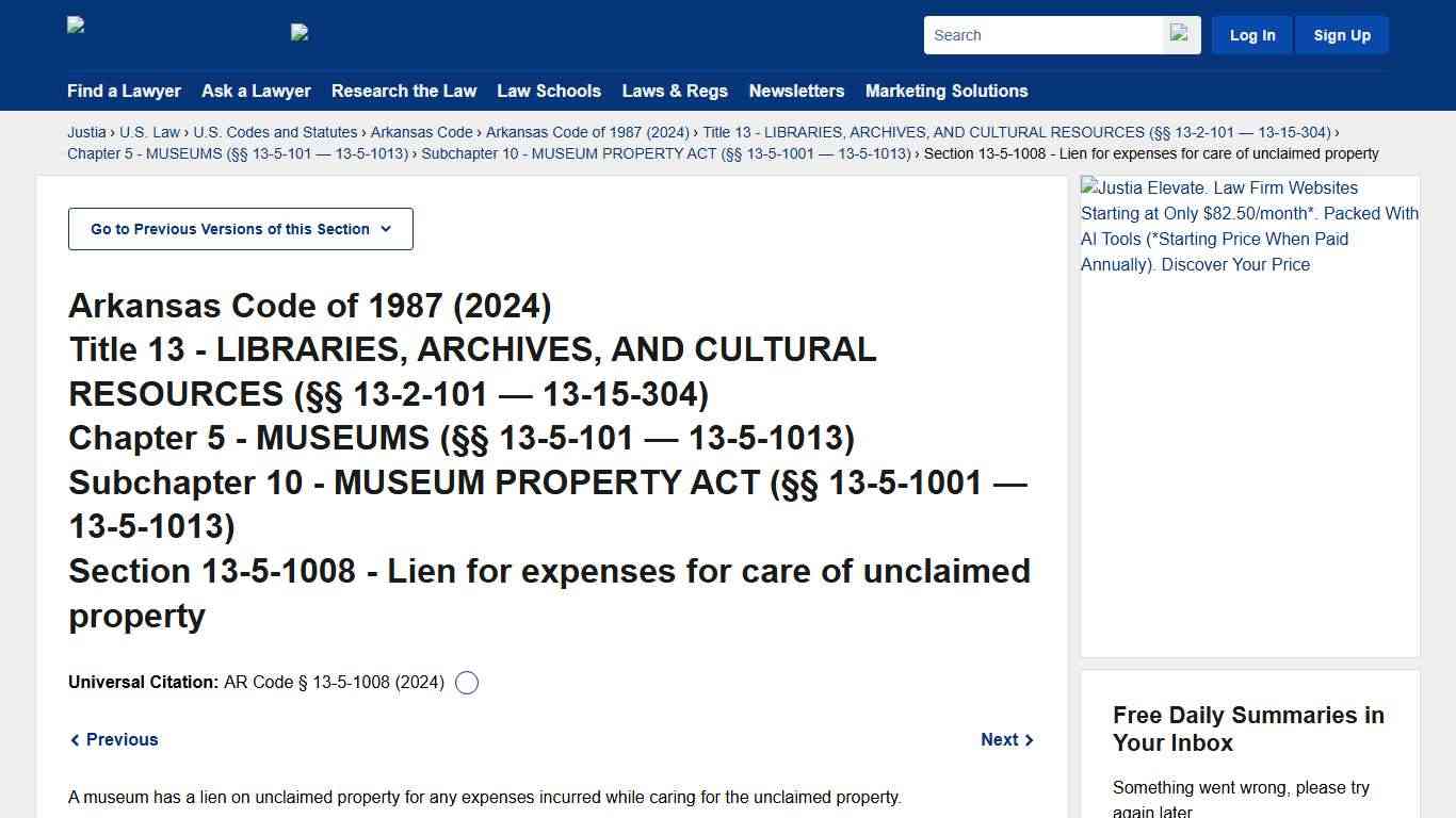 Arkansas Code § 13-5-1008 (2024) - Lien for expenses for care of unclaimed property :: 2024 Arkansas Code :: U.S. Codes and Statutes :: U.S. Law :: Justia